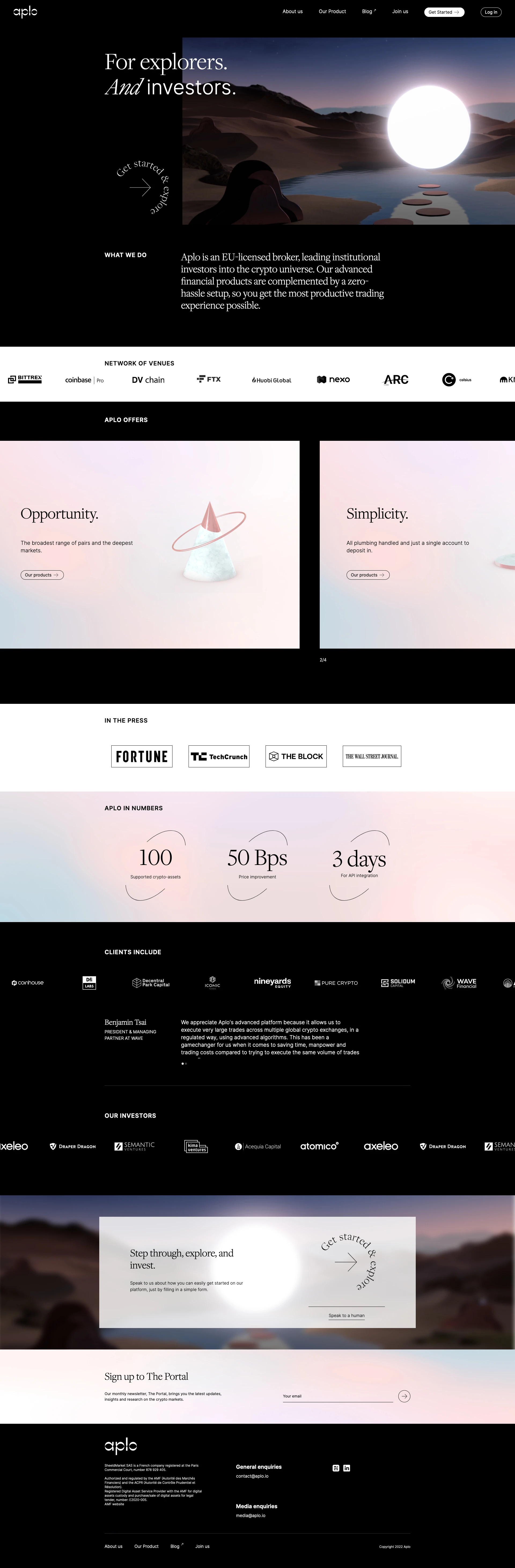 Aplo Landing Page Example: Aplo is an EU-licensed broker, leading institutional investors into the crypto universe. Our advanced financial products are complemented by a zero-hassle setup, so you get the most productive trading experience possible.