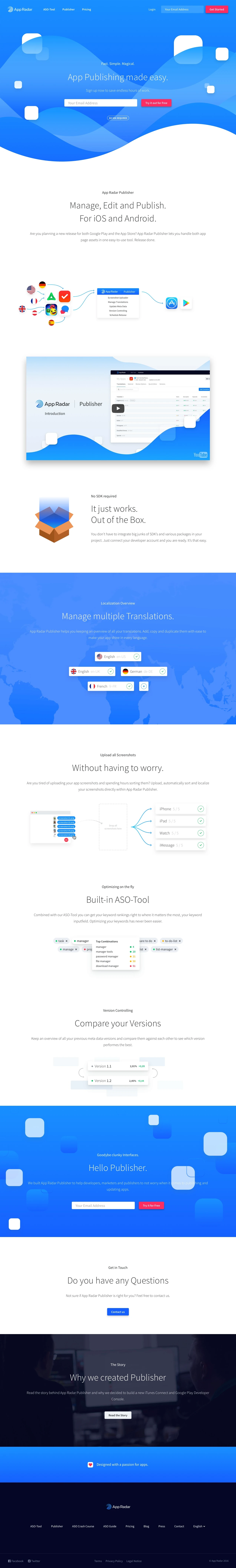App Publisher by App Radar Landing Page Example: Manage, Edit and Publish. For iOS and Android.
