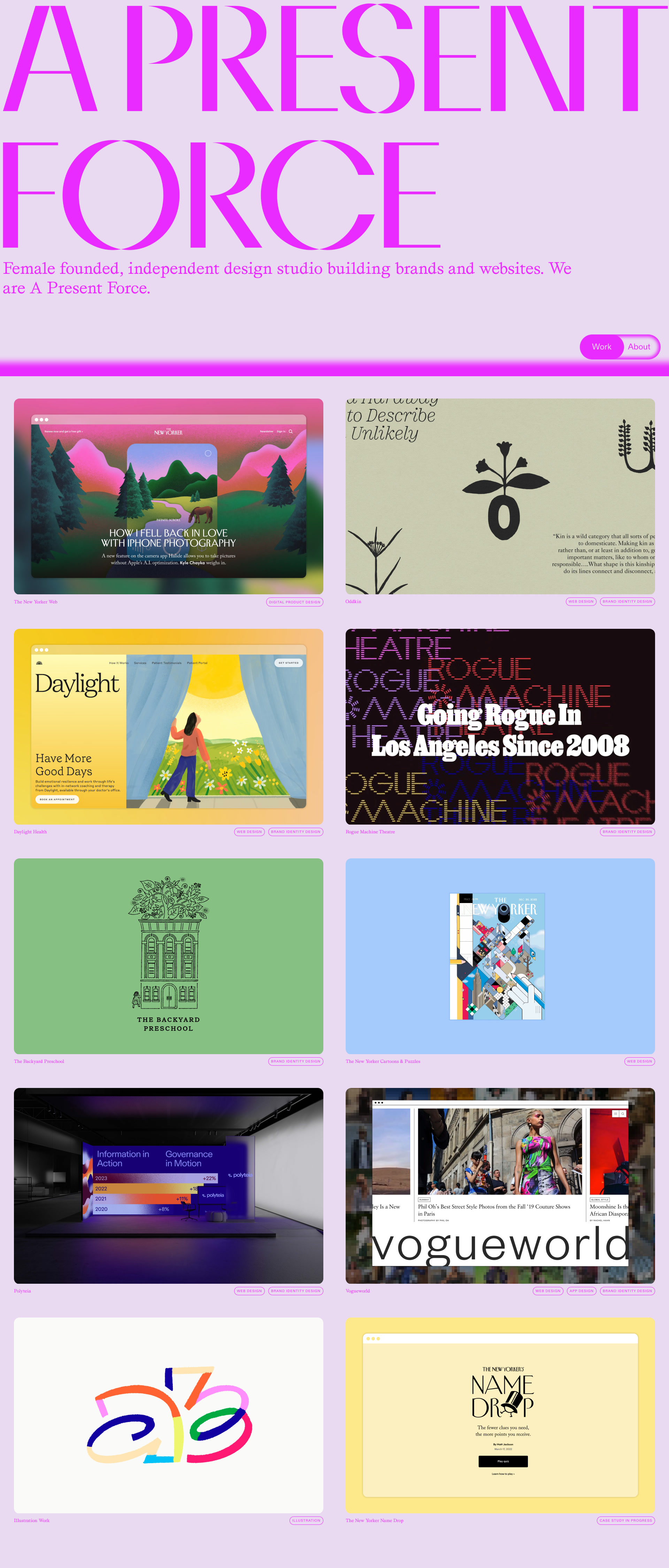 A Present Force Landing Page Example: Hello, and welcome to A Present Force. We’re an independent, female-founded studio based in Berlin, working internationally.