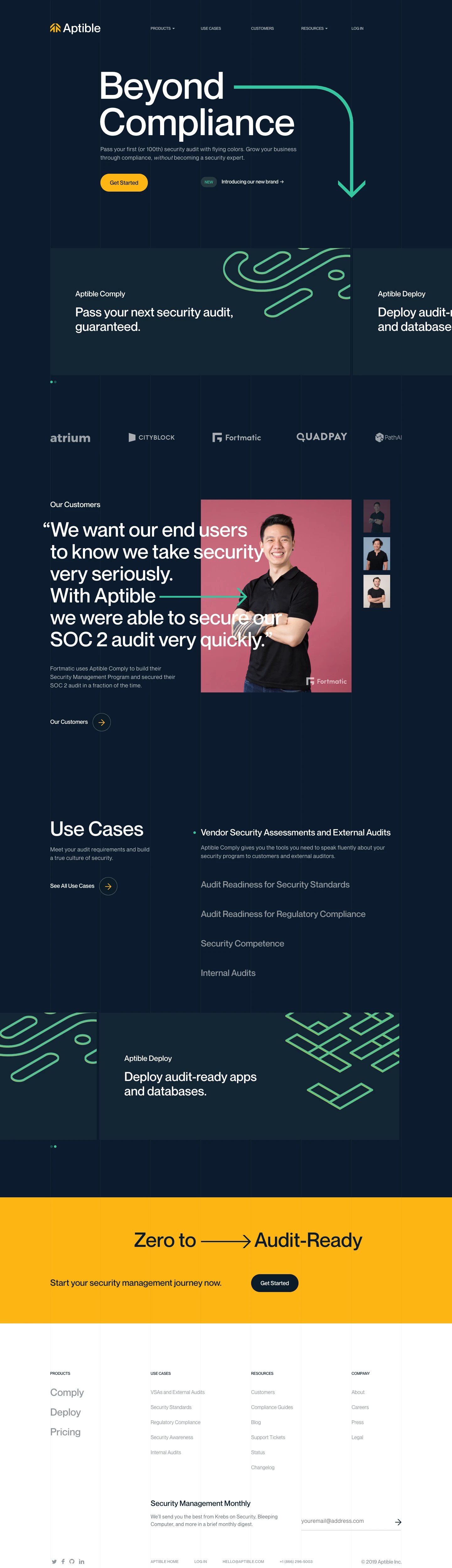 Aptible Landing Page Example: Aptible is the leading security management platform for small companies. Grow by meeting security requirements for SOC 2, ISO 27001, HIPAA, GDPR, and more.