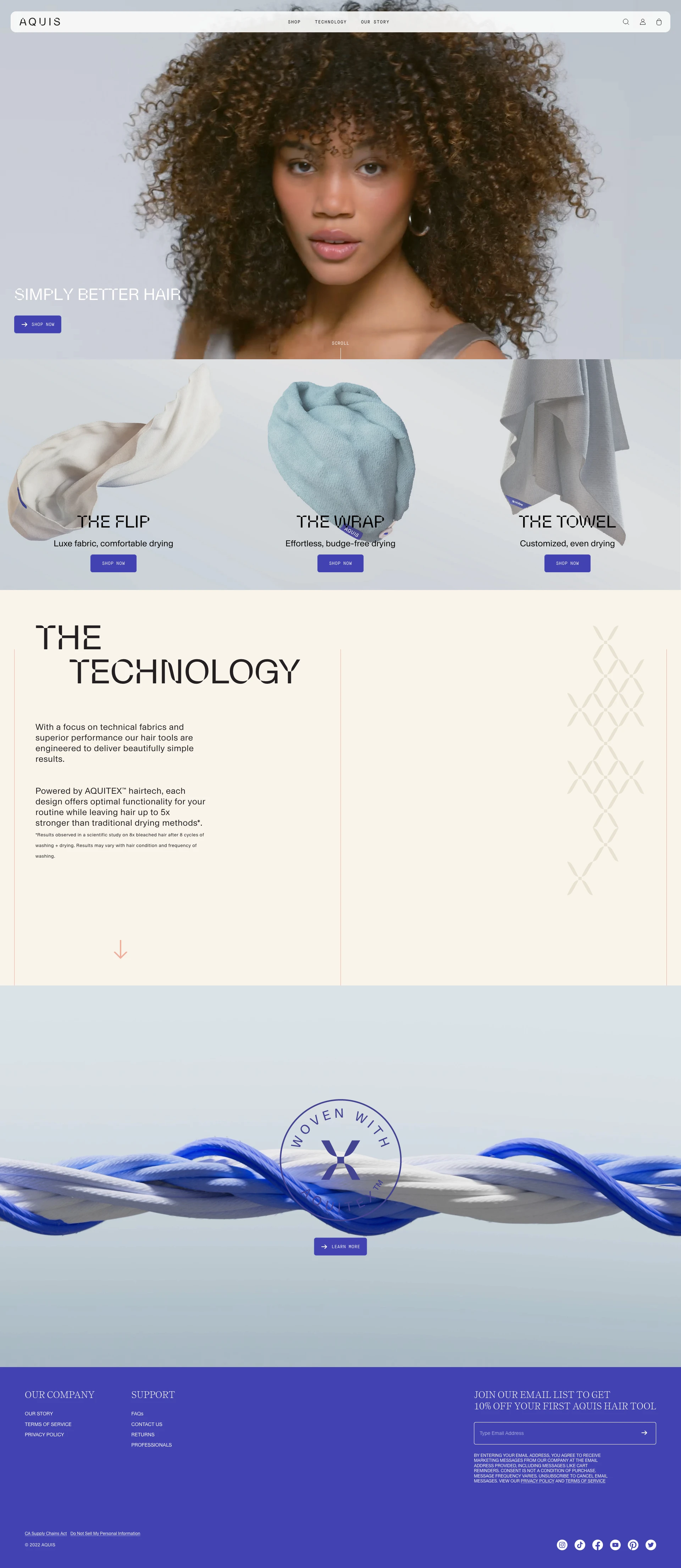 AQUIS Landing Page Example: At AQUIS, we use science to simplify your hair care routine. Our products cut drying time by 50%, protect hair from frizz and prime it for effortless styling.