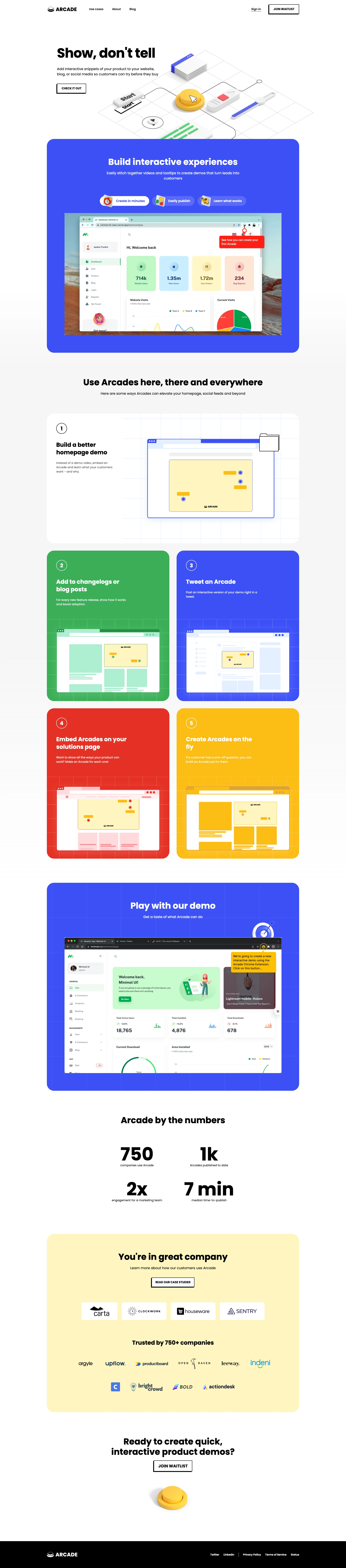Arcade Landing Page Example: Arcades are super easy to create. Build interactive product tours to embed within websites, blogs, and social media.