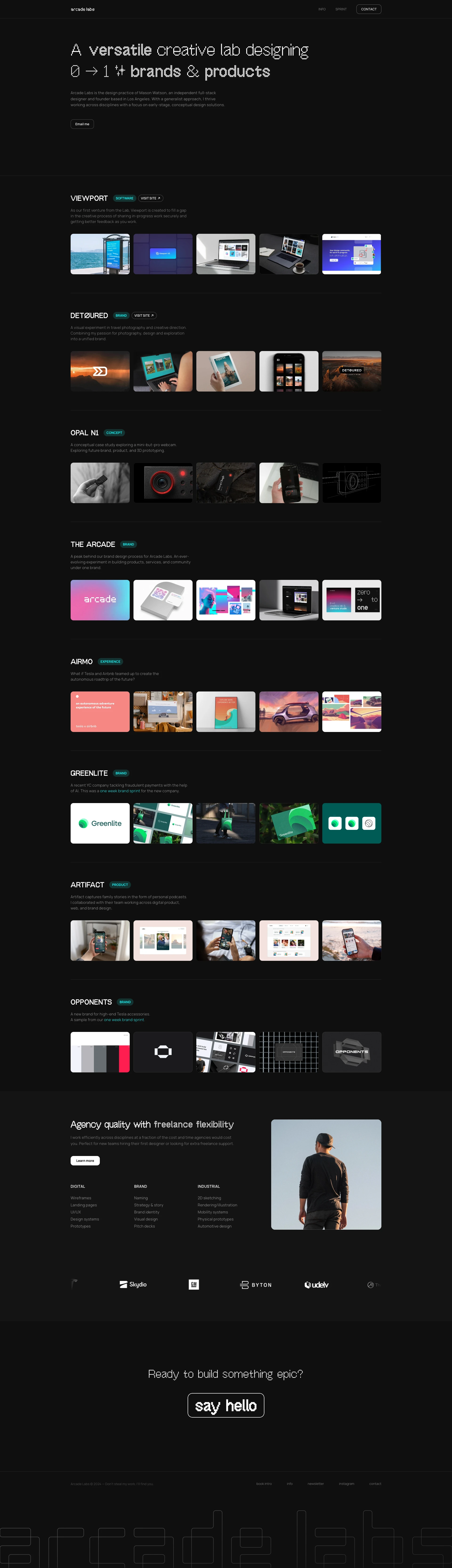 Arcade Labs Landing Page Example: Arcade Labs is a small creative lab based in Los Angeles founded by Mason Watson. I partner with early-stage startups designing zero to one brand and product design. I do web design, UI/UX design, industrial design, and brand identity design.