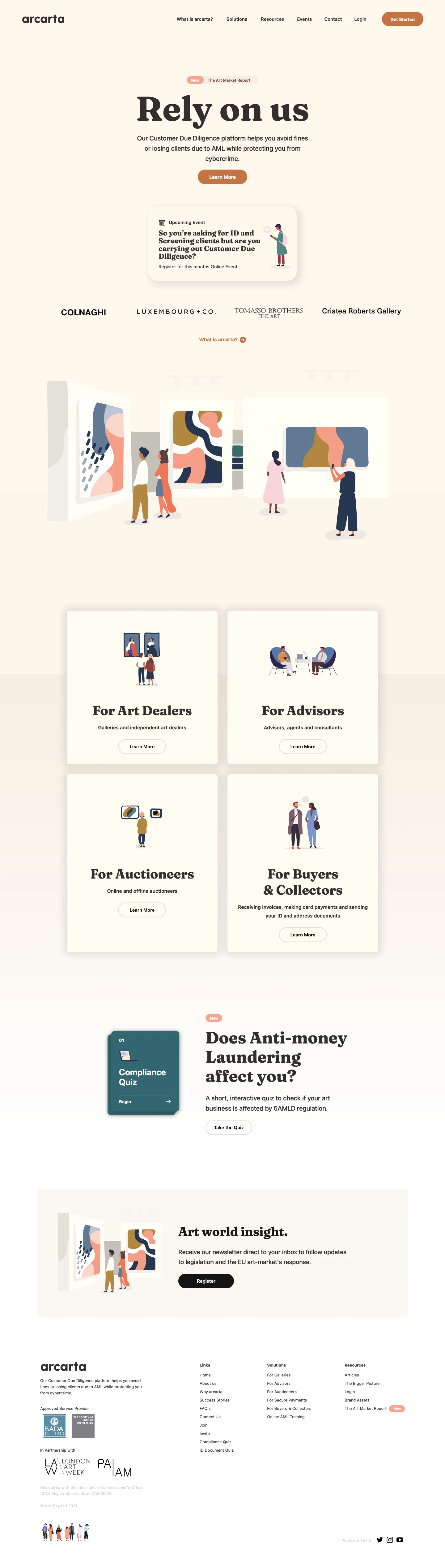 arcarta Landing Page Example: A due diligence and Anti-Fraud network for the Art world. Our Customer Due Diligence platform helps you avoid fines or losing clients due to AML while protecting you from cybercrime.