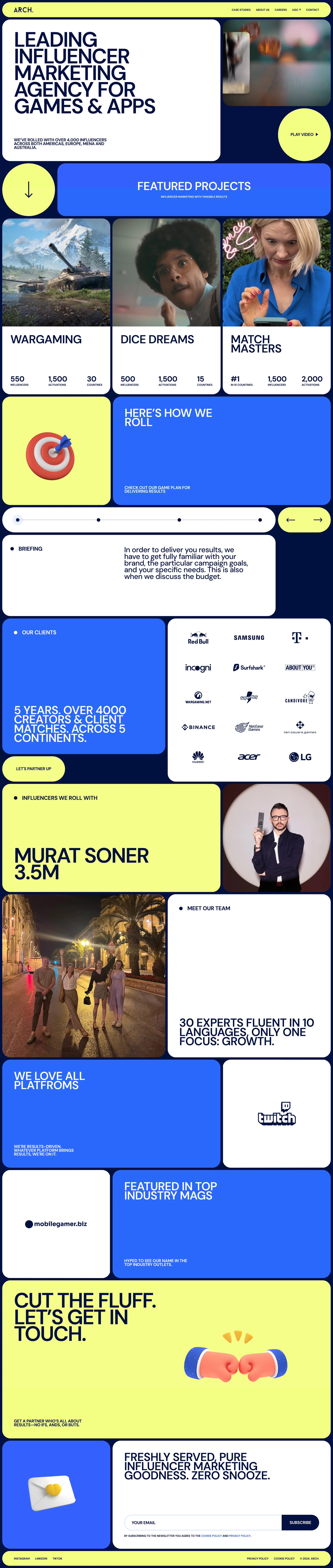 Arch Agency Landing Page Example: ARCH. Influencer Agency is an influencer marketing agency specializing in games and mobile apps with a focus on installs, CPI, ROAS, and retention.