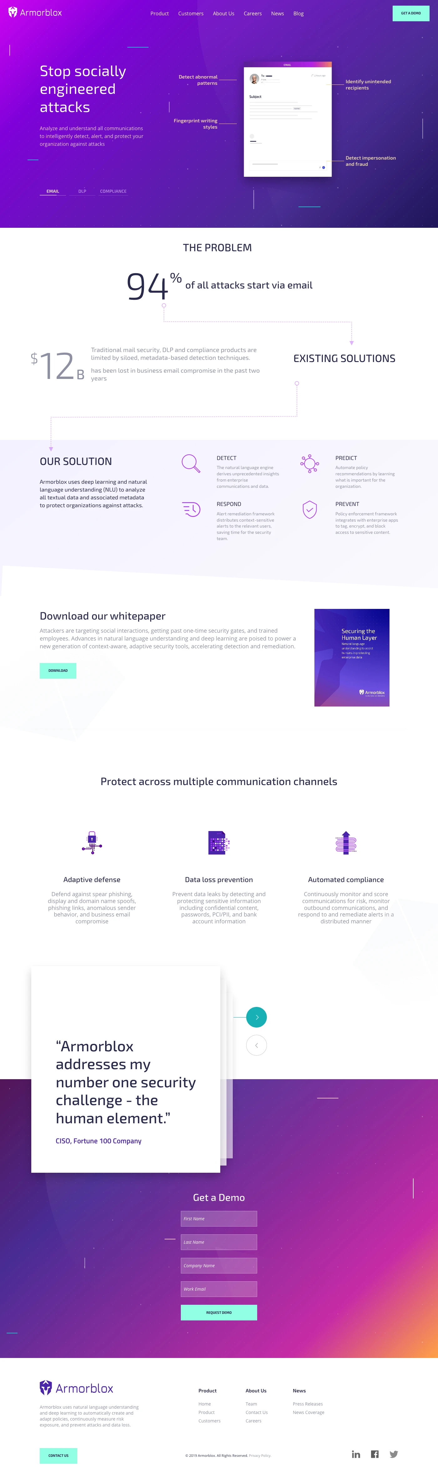 Armorblox Landing Page Example: Armorblox uses deep learning and natural language understanding (NLU) to analyze all textual data and associated metadata to protect organizations against attacks.