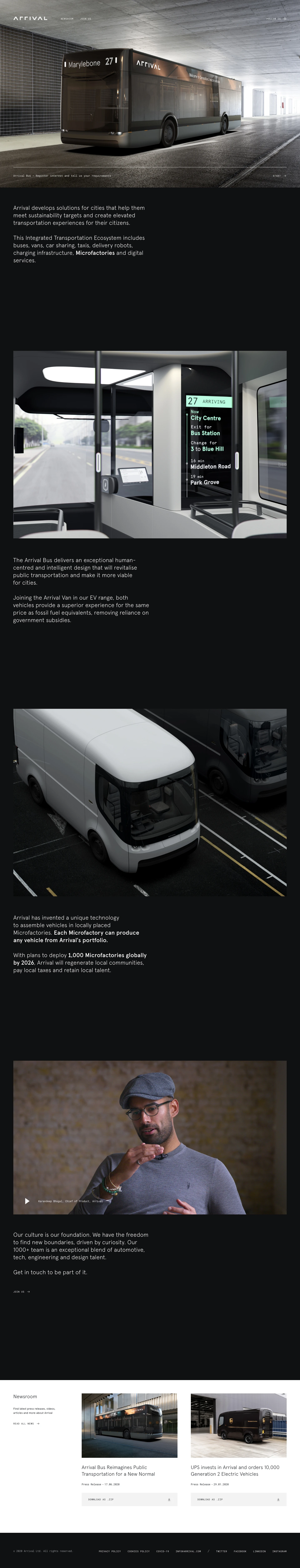 Arrival Landing Page Example: Arrival develops solutions for cities that help them meet sustainability targets and create elevated transportation experiences for their citizens. This Integrated Transportation Ecosystem includes buses, vans, car sharing, taxis, delivery robots, charging infrastructure, Microfactories and digital services.