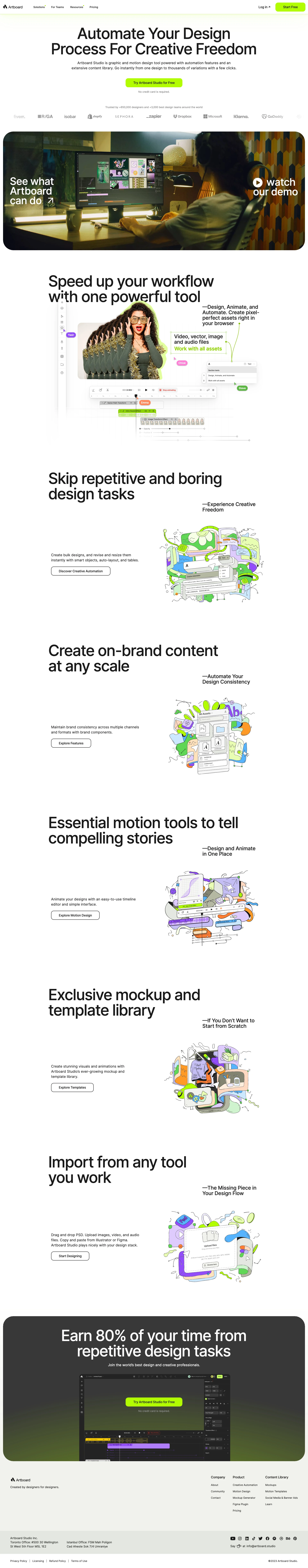 Artboard Studio Landing Page Example: Artboard Studio  is graphic and motion design tool powered with automation features and an extensive content library. Go instantly from one design to thousands of variations with a few clicks.