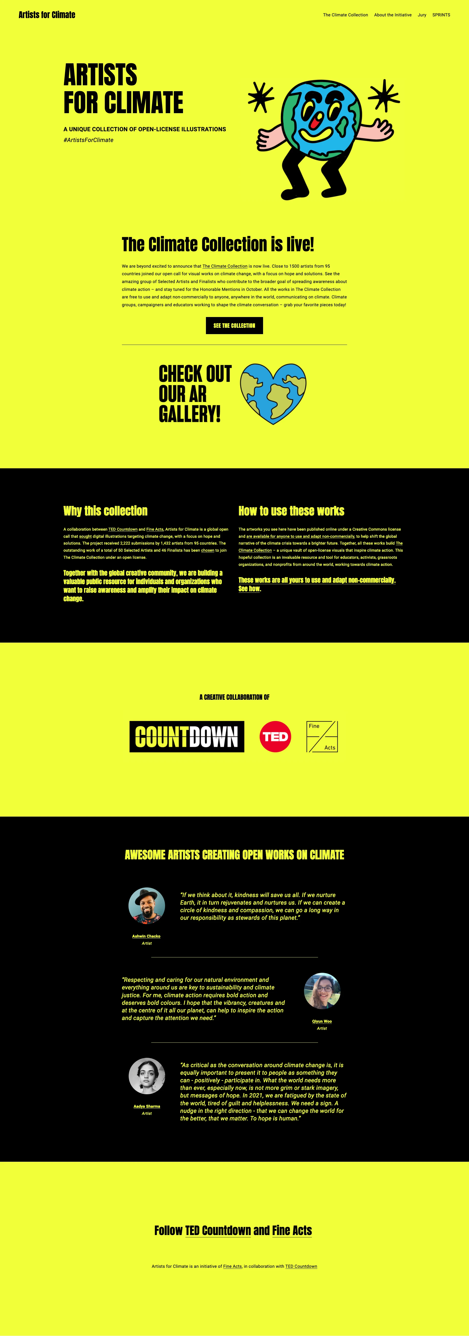 Artists for Climate Landing Page Example: A unique collection of open-license illustrations on climate by TED Countdown and Fine Acts