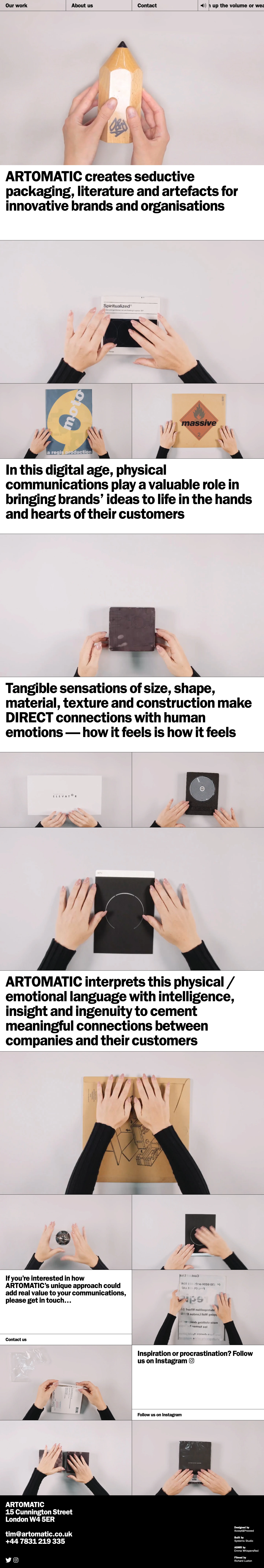 Artomatic Landing Page Example: Seductive print and packaging created for humans with intelligence, insight and ingenuity. ARTOMATIC helps companies seduce their customers with exquisite physical objects.