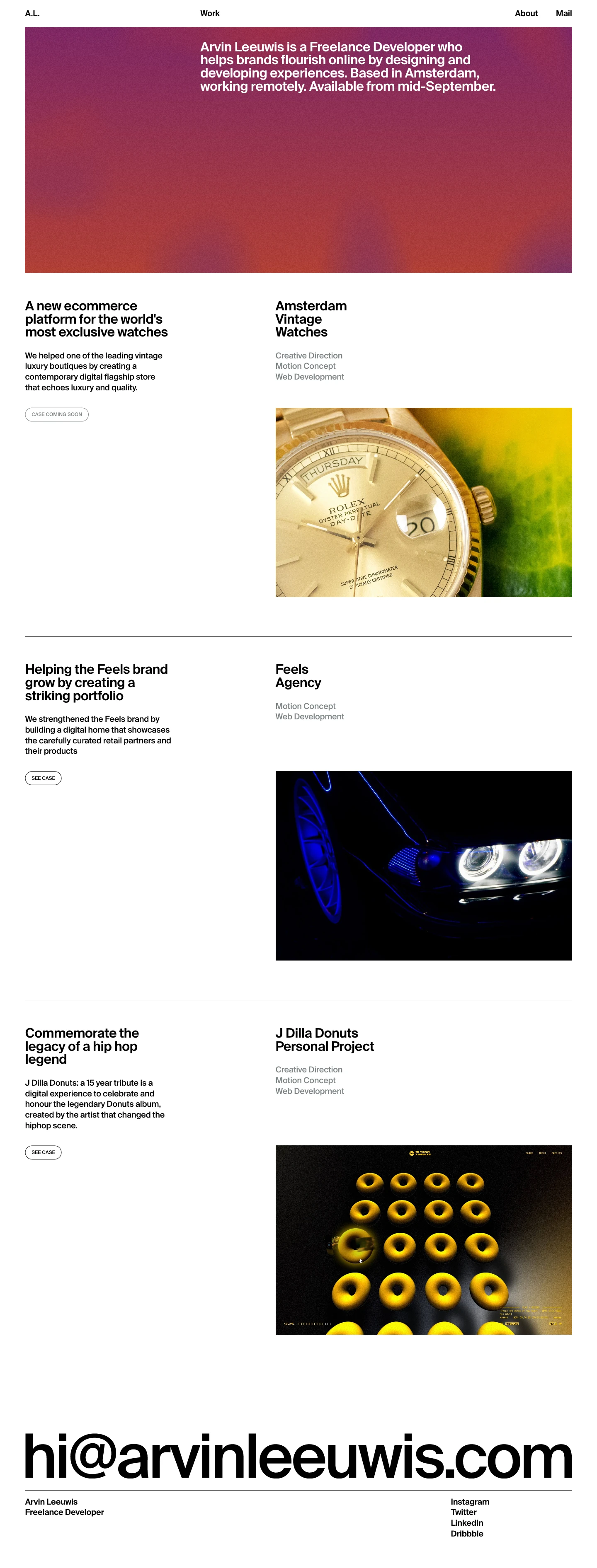 Arvin Leeuwis Landing Page Example: Arvin Leeuwis is a Freelance Developer who helps brands flourish online by designing and developing experiences. Based in Amsterdam, working remotely.