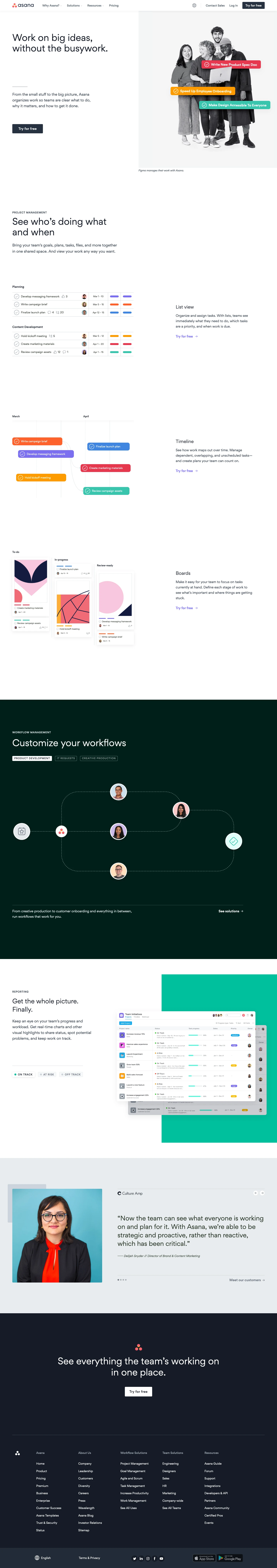 Asana Landing Page Example: Work on big ideas, without the busywork. From the small stuff to the big picture, Asana organizes work so teams are clear what to do, why it matters, and how to get it done.