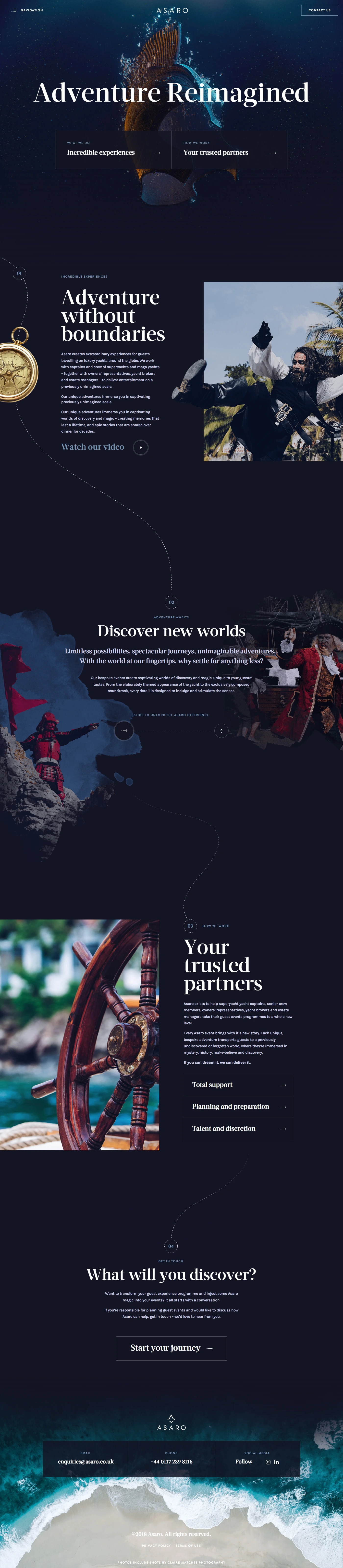 Asaro Landing Page Example: Rediscover superyacht entertainment, with extraordinary experiences and spectacular journeys that immerse your guests in captivating worlds of discovery and magic. Become part of the story, and create memories that last a lifetime. Unique experiences for superyacht guests worldwide.
