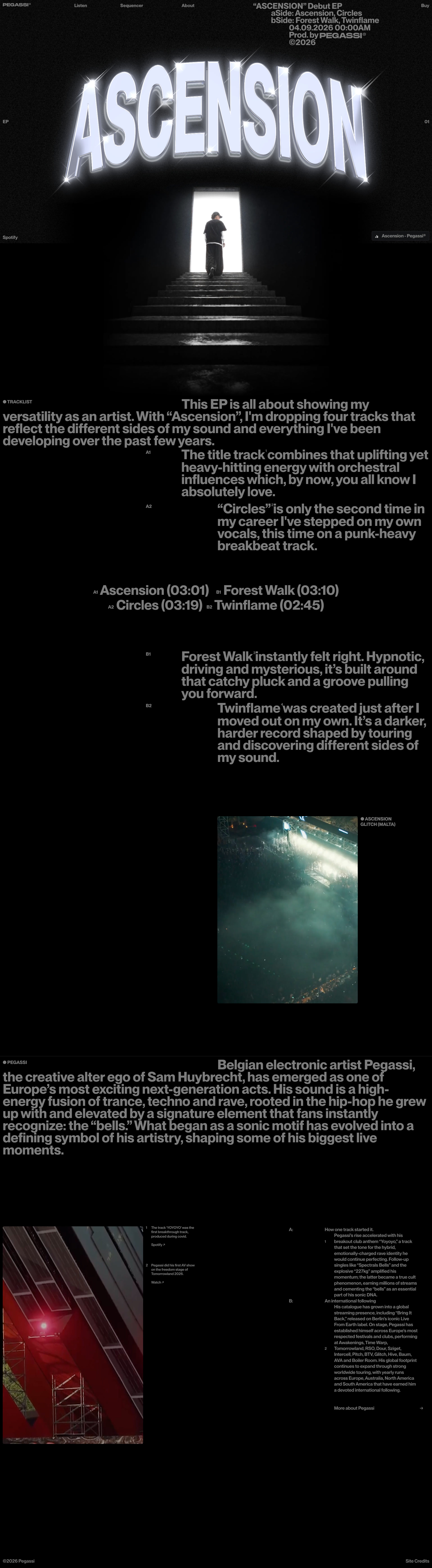 Ascension  Landing Page Example: The debut EP from Belgian electronic artist Pegassi. Four tracks — Ascension, Circles, Forest Walk, Twinflame. Out 4 September 2026.