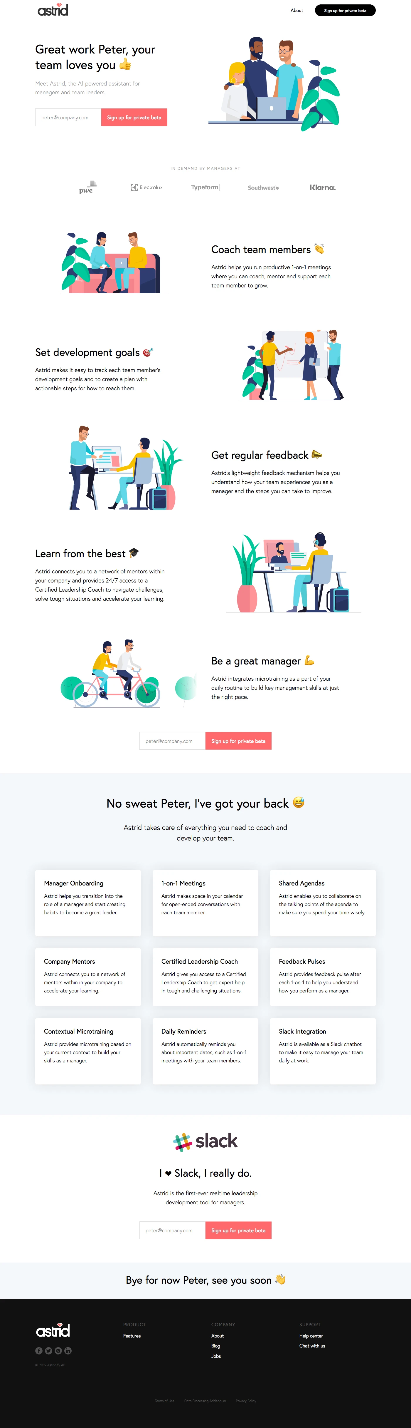 Astrid Landing Page Example: Meet Astrid, the AI-powered assistant for managers and team leaders.