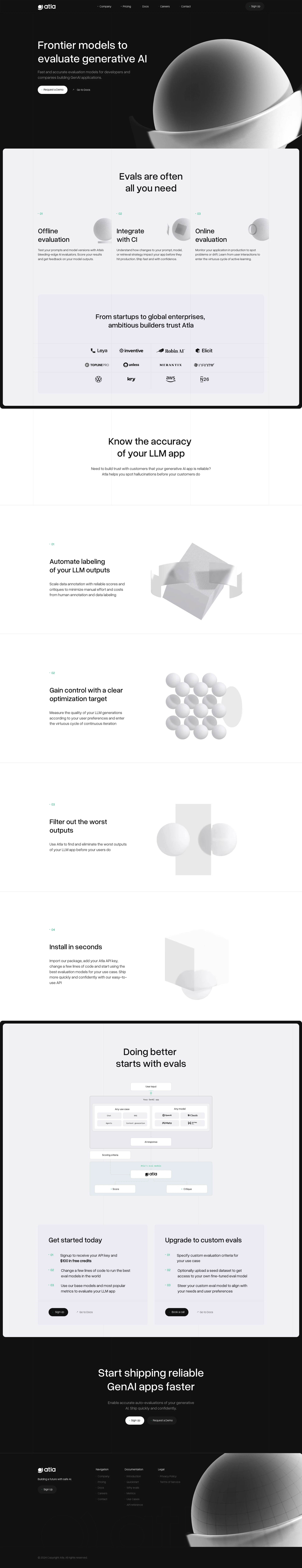 Atla AI Landing Page Example: Frontier models to evaluate generative AI. Find and fix AI mistakes at scale, and build more reliable GenAI applications. Use our LLM-as-a-Judge to test and evaluate prompts and model versions.