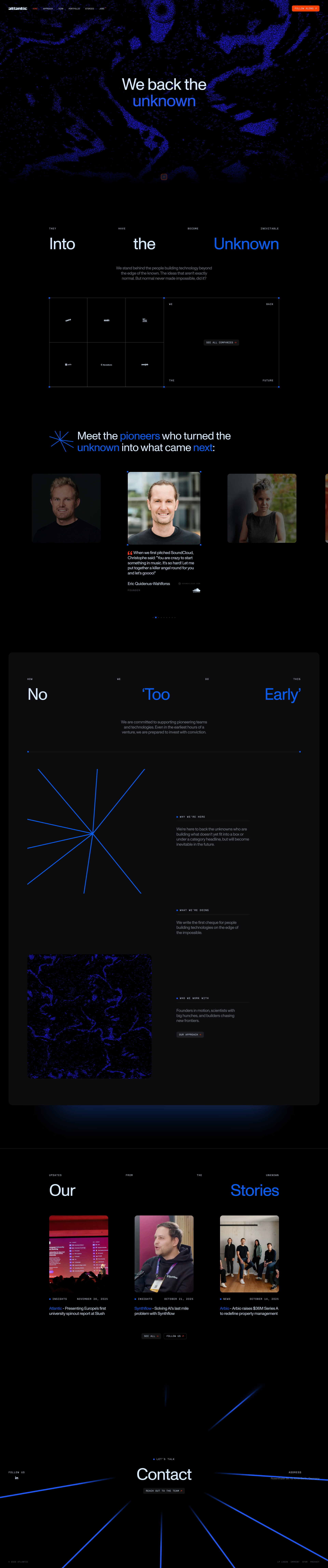 Atlantic Landing Page Example: Atlantic is the first believer in founders, science, and bold ideas. We lead pre-seed rounds across Europe with speed and conviction.