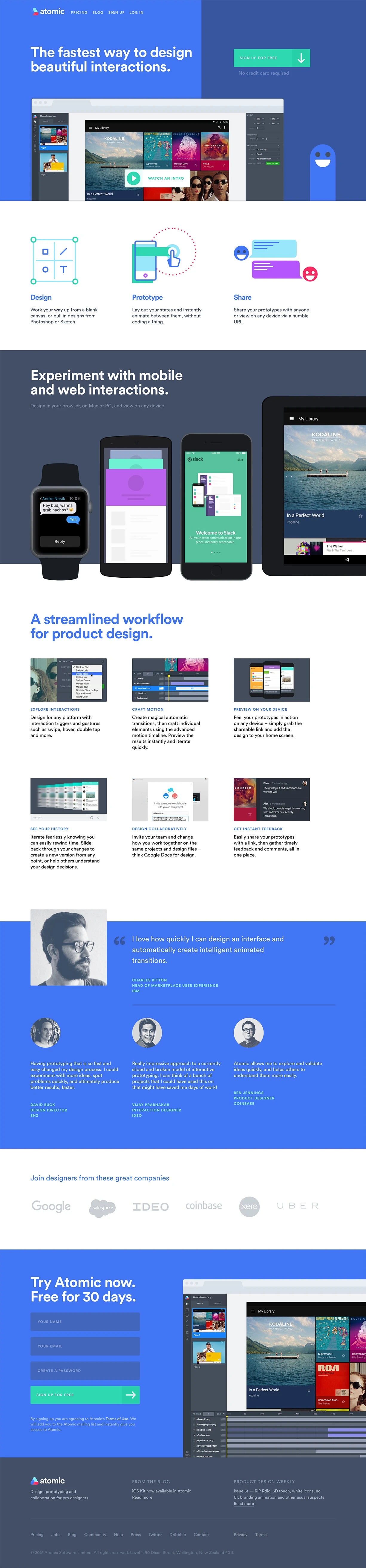 Atomic Landing Page Example: Atomic is professional software for digital designers, featuring tools for interface design, prototyping, version control and collaboration.
