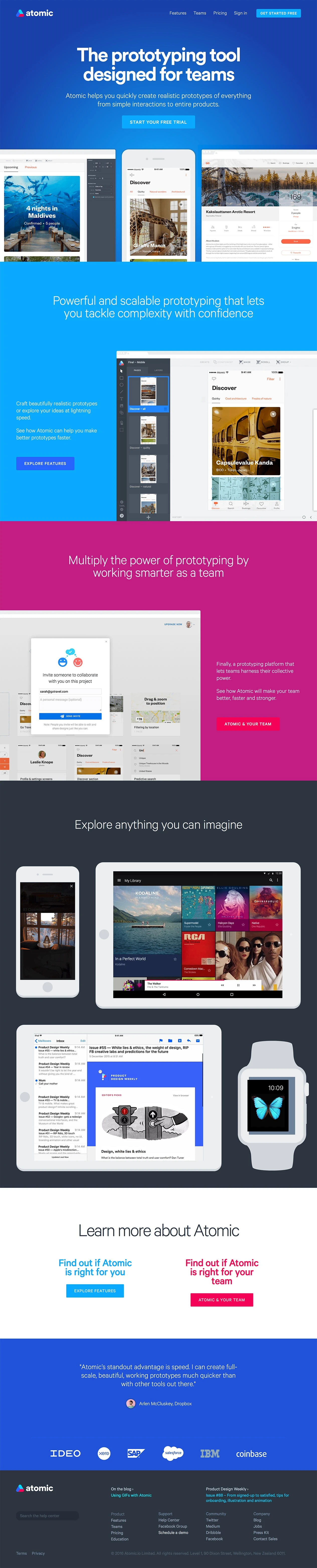 Atomic Landing Page Example: Atomic helps you quickly create realistic prototypes of everything from simple interactions to entire products.