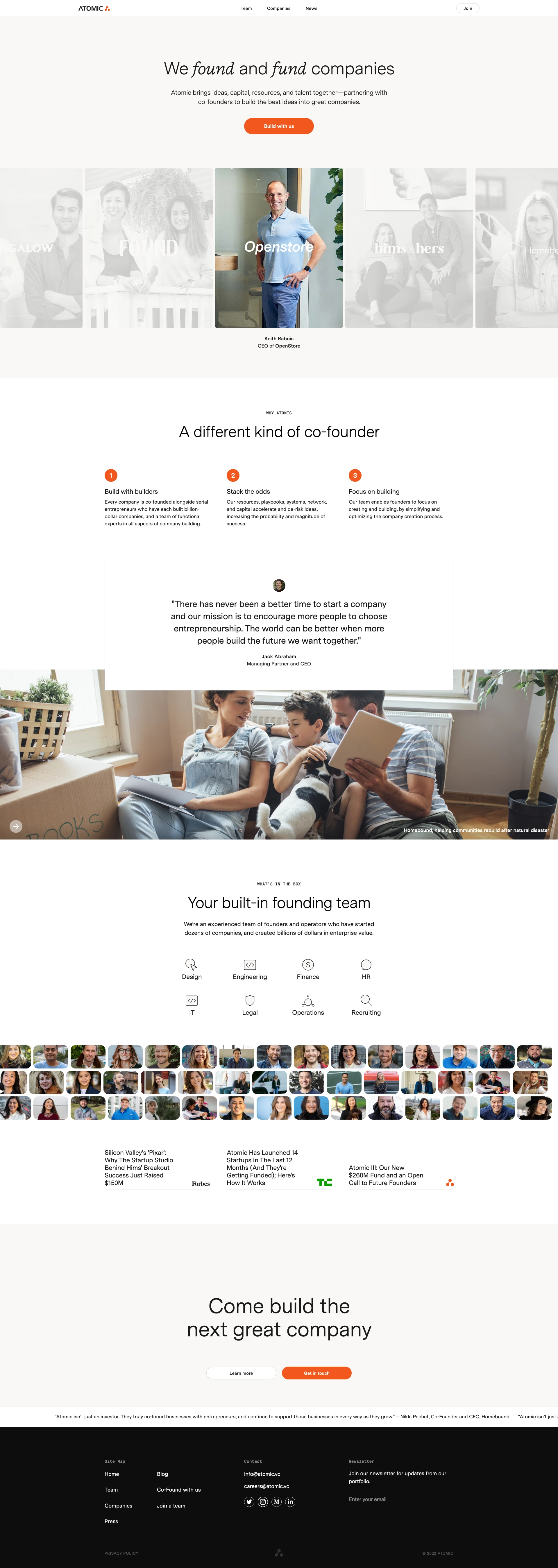 Atomic Landing Page Example: We found and fund companies. Atomic brings ideas, capital, resources, and talent together—partnering with co-founders to build the best ideas into great companies.