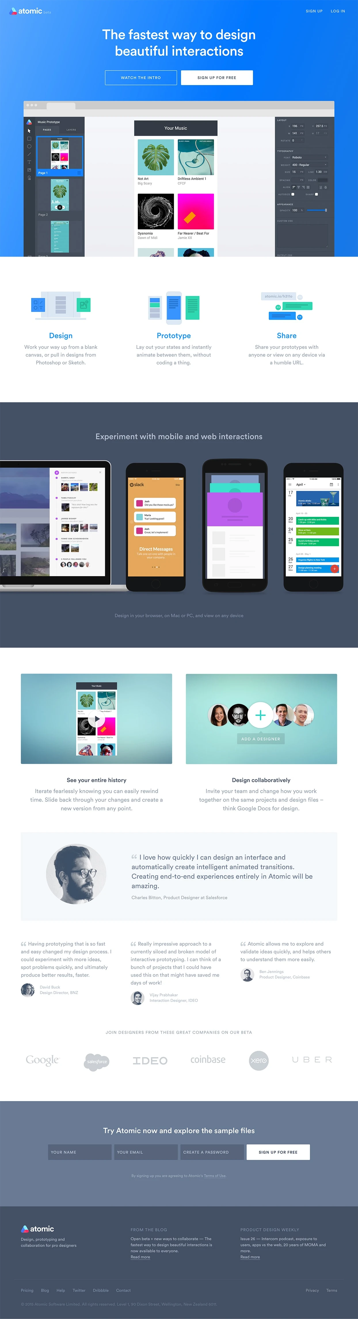 Atomic Landing Page Example: Atomic is professional software for digital designers, featuring tools for interface design, prototyping, version control and collaboration.