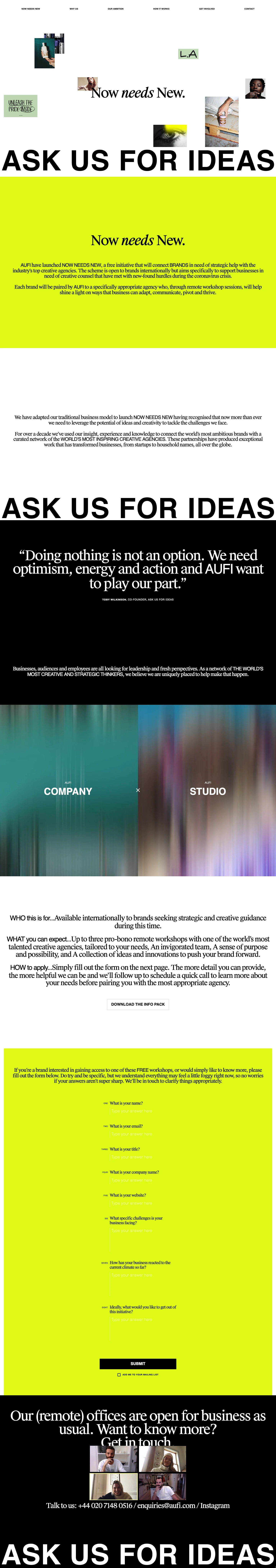 AUFI Landing Page Example: Made Possible By ASK US FOR IDEAS - Industries top creative agencies donate their time and resource to inspire coronavirus-hit companies.