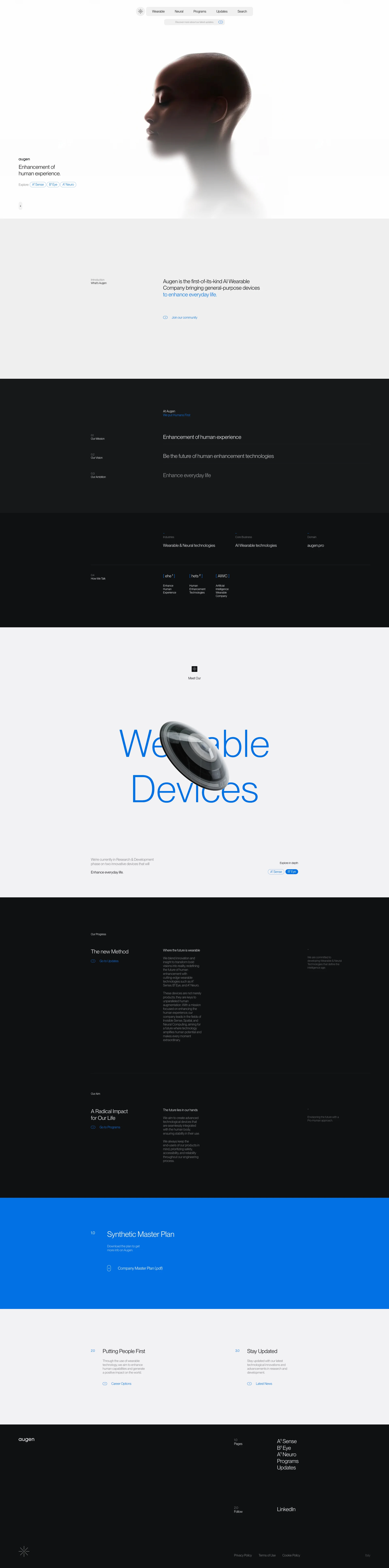 Augen Landing Page Example: Discover Augen: a leader in the innovation of Wearable Technologies, powered by Advanced Artificial Intelligence Systems, designed to enhance every human experience.