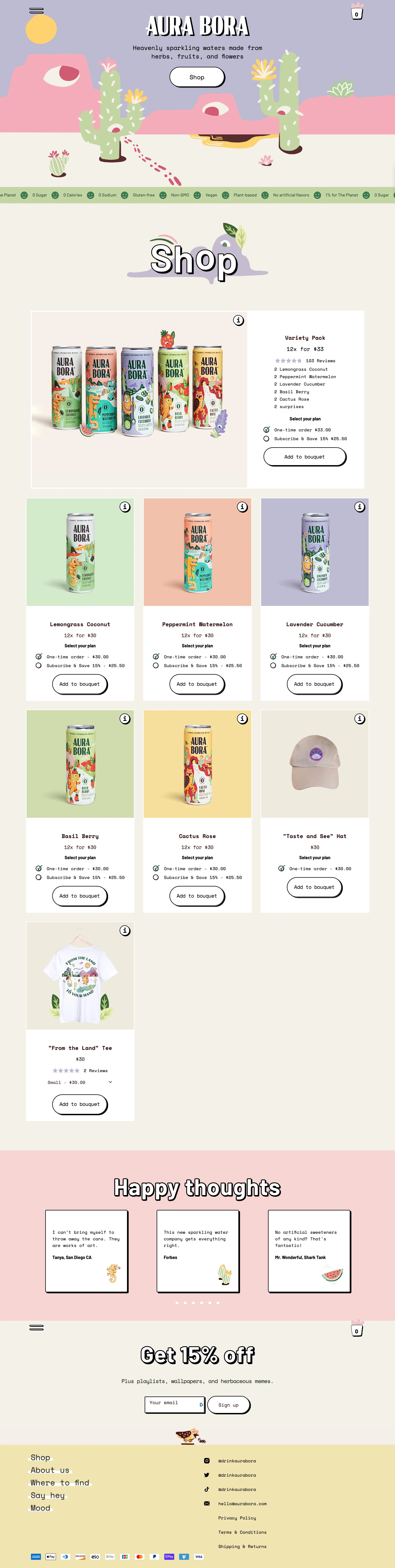 Aura Bora Landing Page Example: Aura Bora is a sparkling water made from real herbs, fruits, and flowers for earthly tastes and heavenly feelings. 0 Calories, 0 Sugar, 0 Sodium.