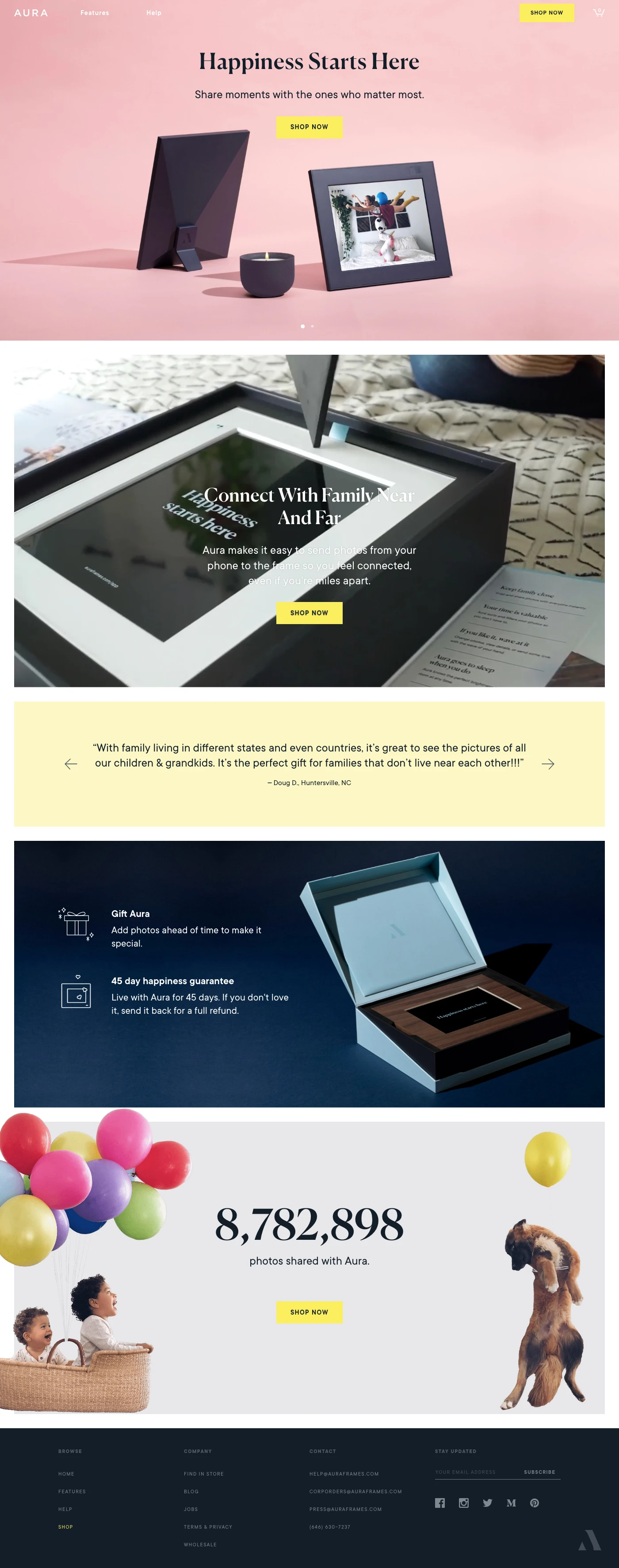 Aura Landing Page Example: Meet Aura, the world’s smartest picture frame. Aura is an easy and beautiful solution to unlocking memories from your phone. Download the free app, connect your frame to WiFi, and watch as the frame displays the best photos of the people you love.