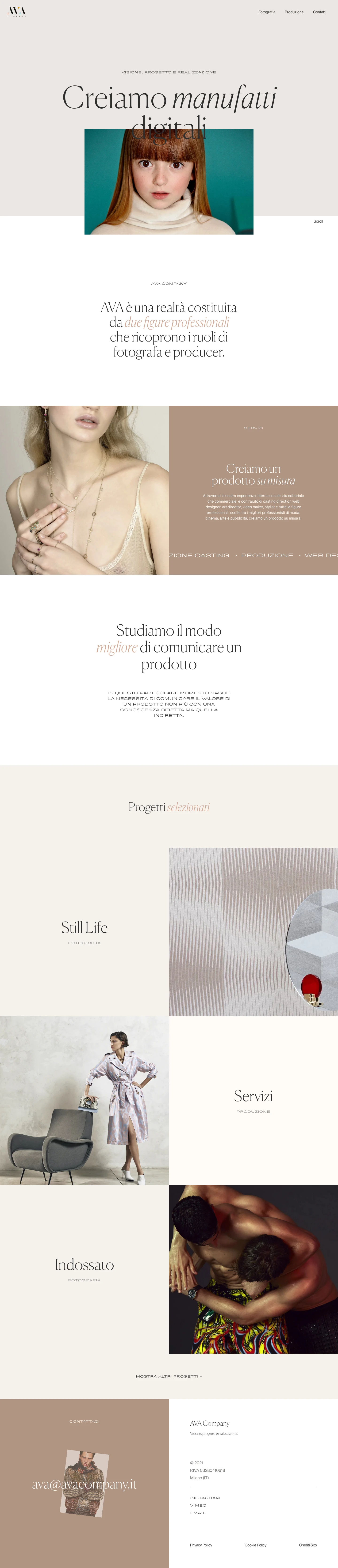 AVA Company Landing Page Example: AVA is a reality made up from two figures professional that cover the roles of photographer is producer.