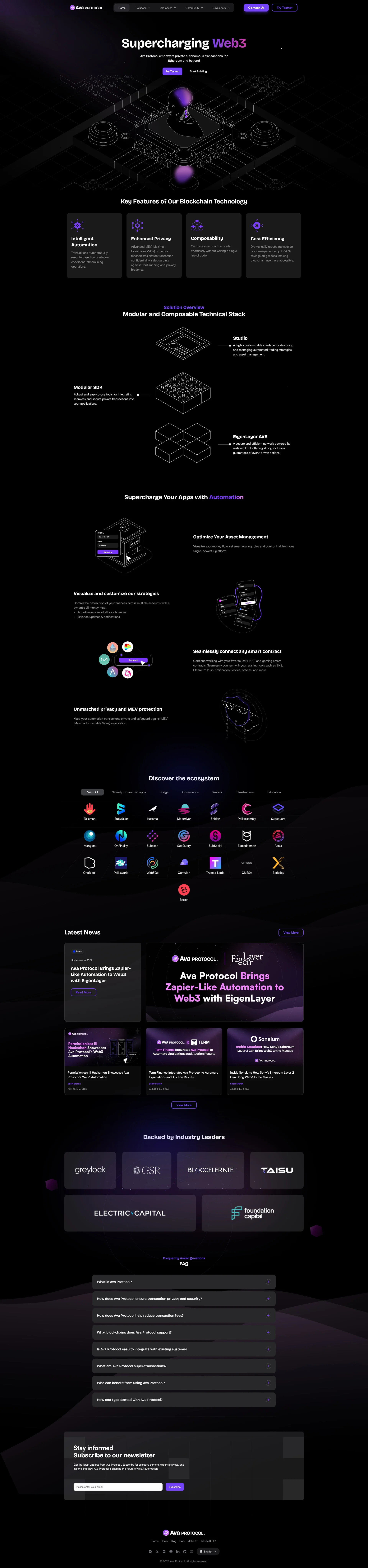 Ava Protocol Landing Page Example: Ava Protocol is an event-driven EigenLayer AVS that seamlessly automates cross-chain transactions for DeFi, NFTs, games, and more.