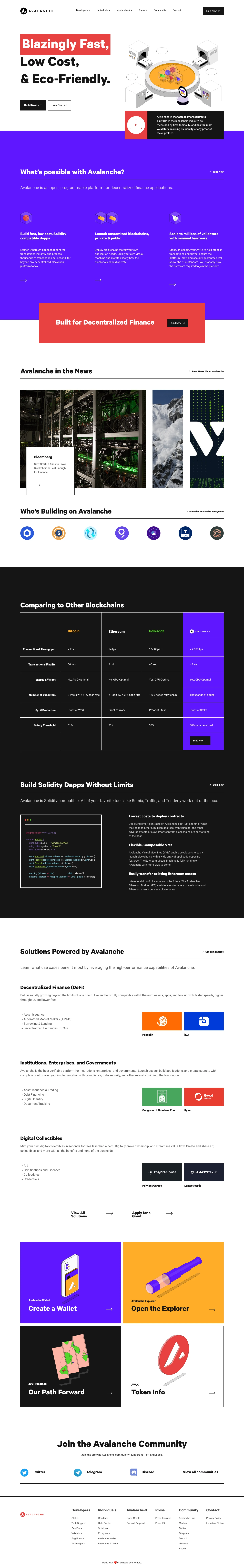 Avalanche Landing Page Example: The fastest smart contracts platform in the blockchain industry, as measured by time-to-finality, and has the most validators securing its activity of any proof-of-stake protocol.