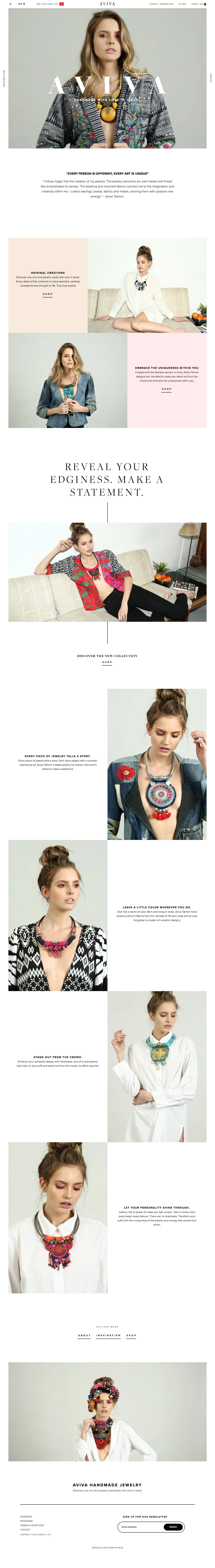Aviva Landing Page Example: Discover one of a kind handmade jewelry from Israel. Every detail of those handmade jewelry collections is hand selected, carefully considered and brought to life. True love awaits!