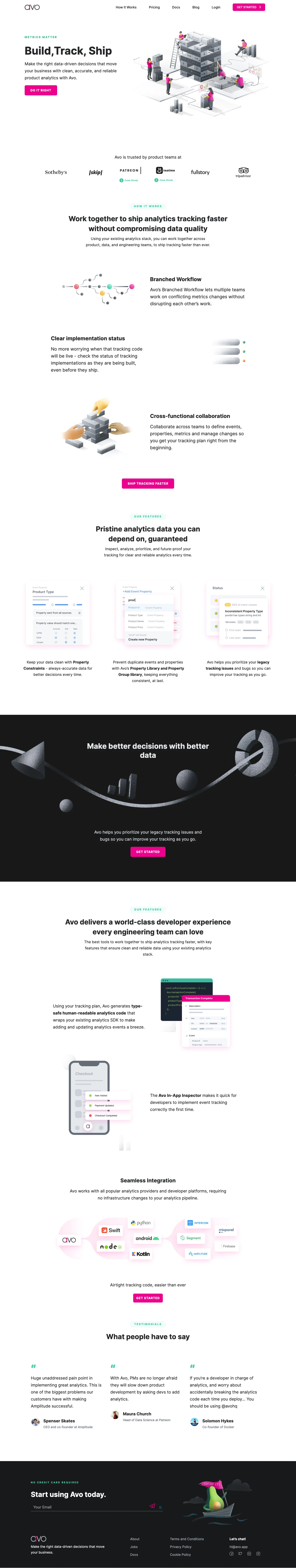 Avo Landing Page Example: Collaborate on your tracking plan and use generated tracking snippets to instrument your code consistently across all your platforms.