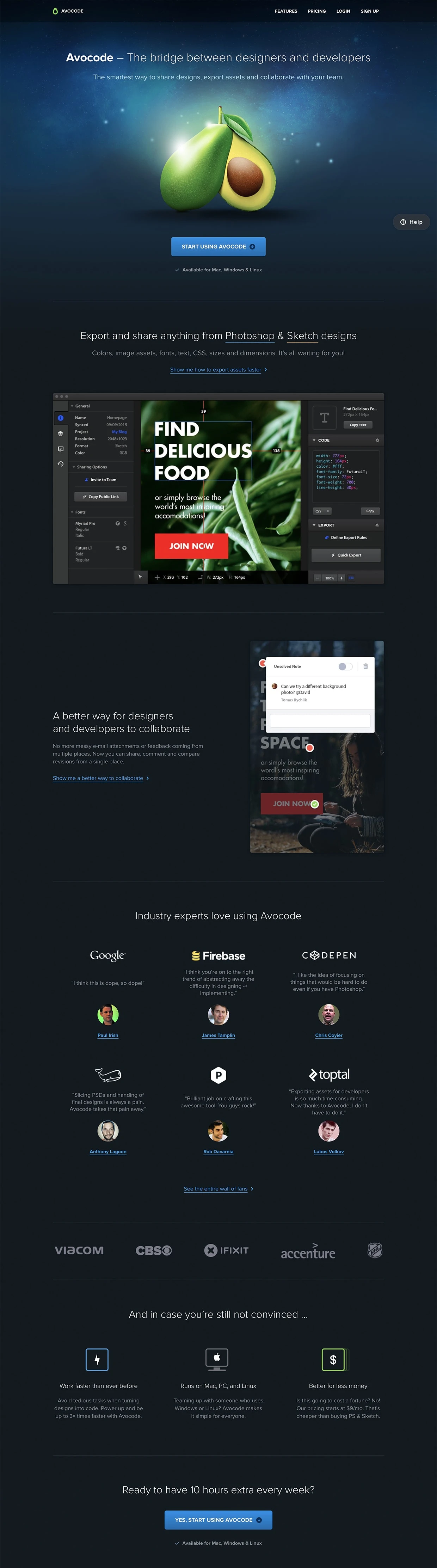 Avocode Landing Page Example: The smartest way to share designs, export assets and collaborate with your team.