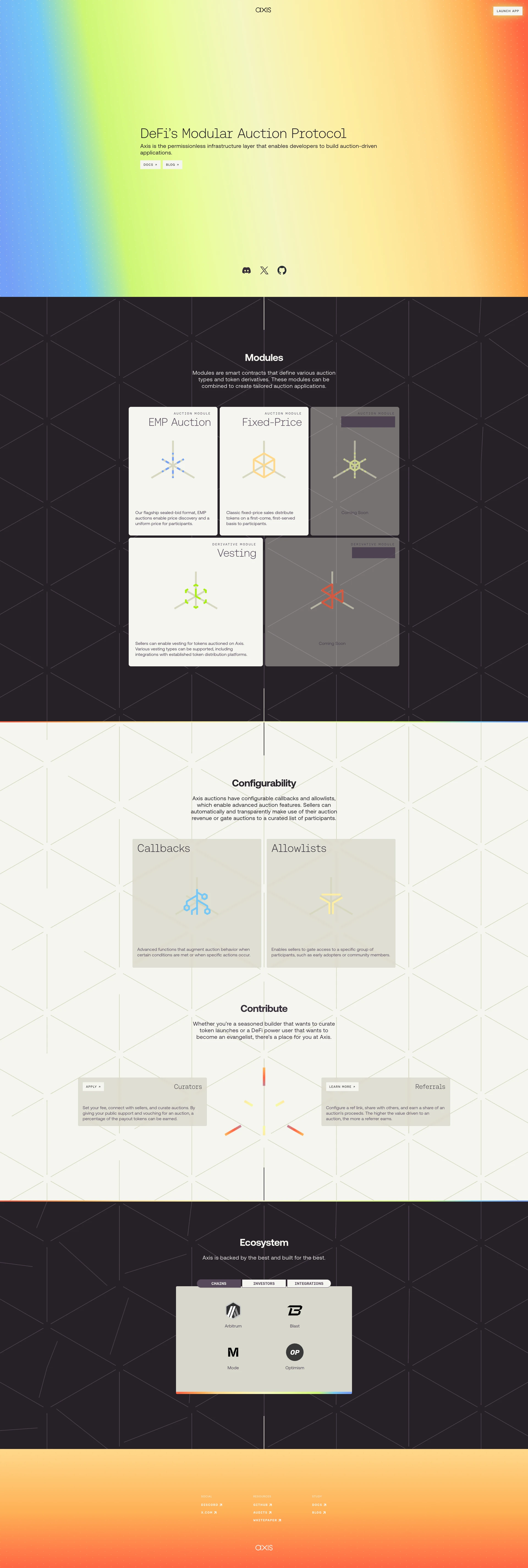 Axis Landing Page Example: Axis is the permissionless infrastructure layer that enables developers to build auction-driven applications.