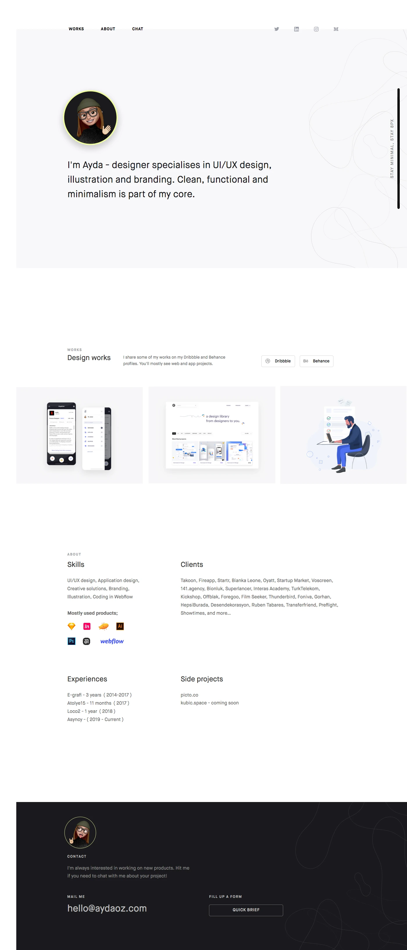 Ayda Oz Landing Page Example: I'm Ayda - designer specialises in UI/UX design, illustration and branding. Clean, functional and minimalism is part of my core.