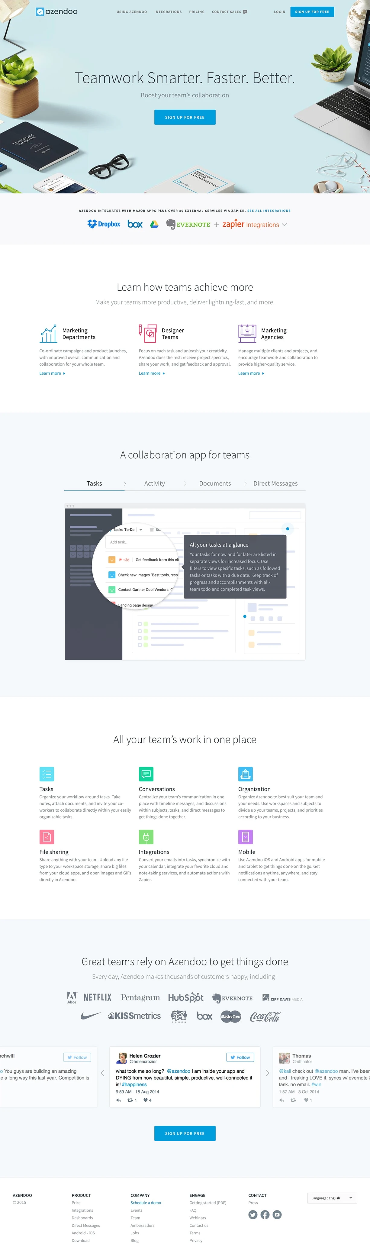 Azendoo Landing Page Example: Azendoo is a Teamwork Application. Organize your tasks, plan your projects, share your documents and sync with your team, without email.