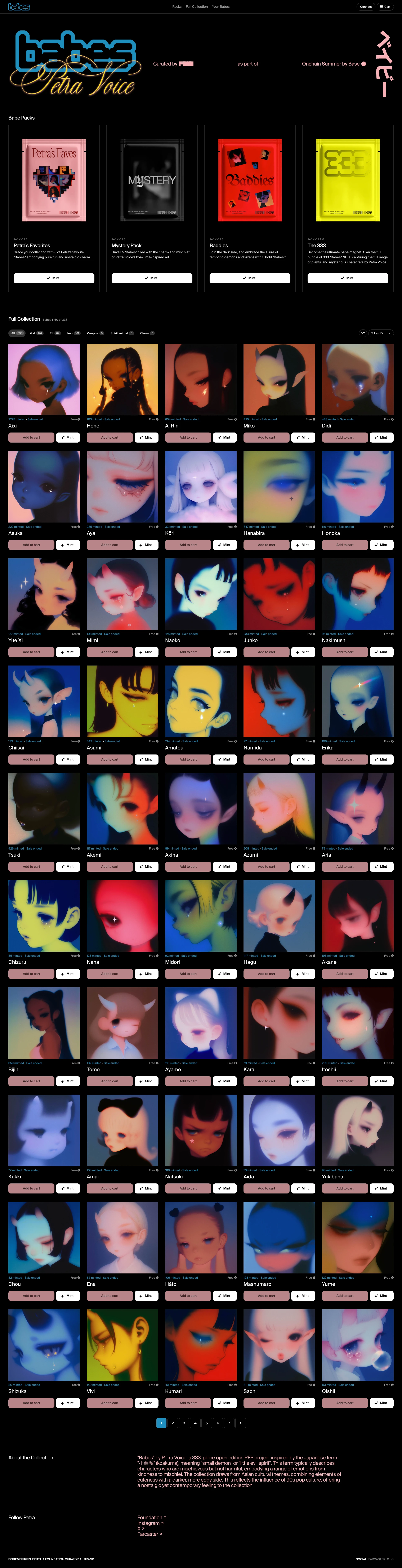 Babes by Petra Voice Landing Page Example: Babes by Petra Voice, a 333-piece open edition PFP project inspired by the Japanese term 小悪魔 (koakuma), meaning small demon or little evil spirit.