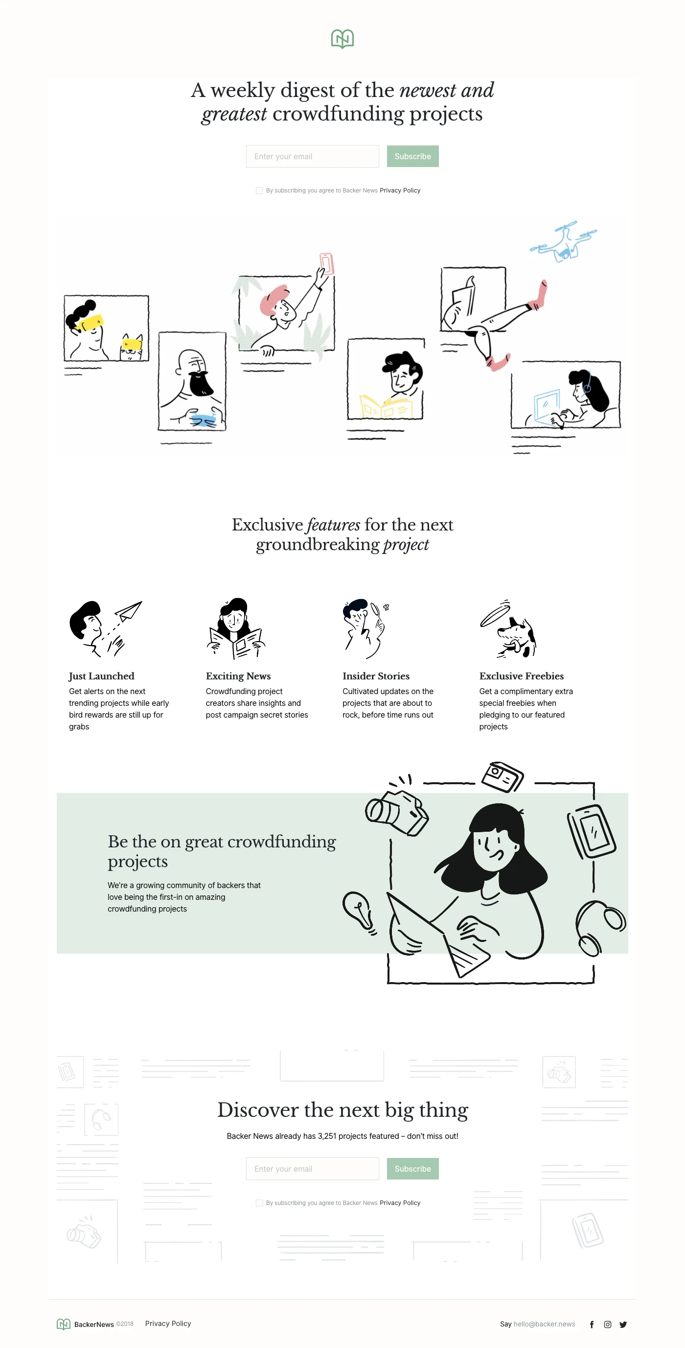Backer News Landing Page Example: A weekly digest of the newest and greatest crowdfunding projects