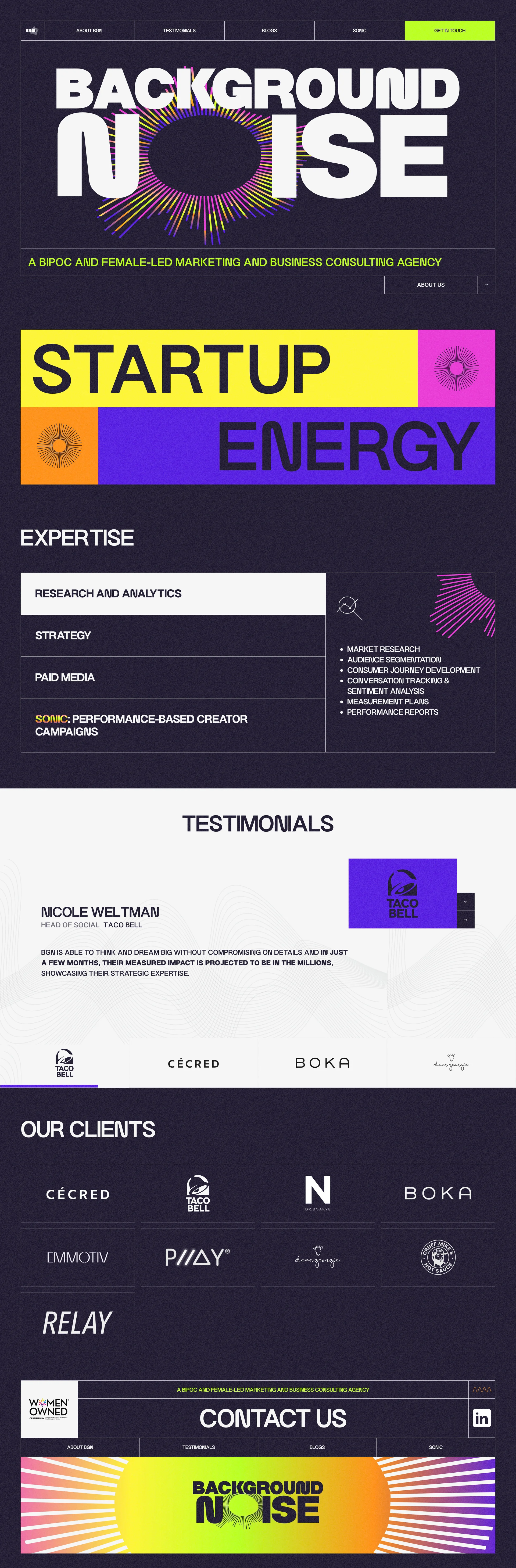 Background Noise Landing Page Example: Background Noise’s Mission is to Bring Transparent, Diverse and Inventive Approaches to Business Growth to Drive Results for Our Partners.
