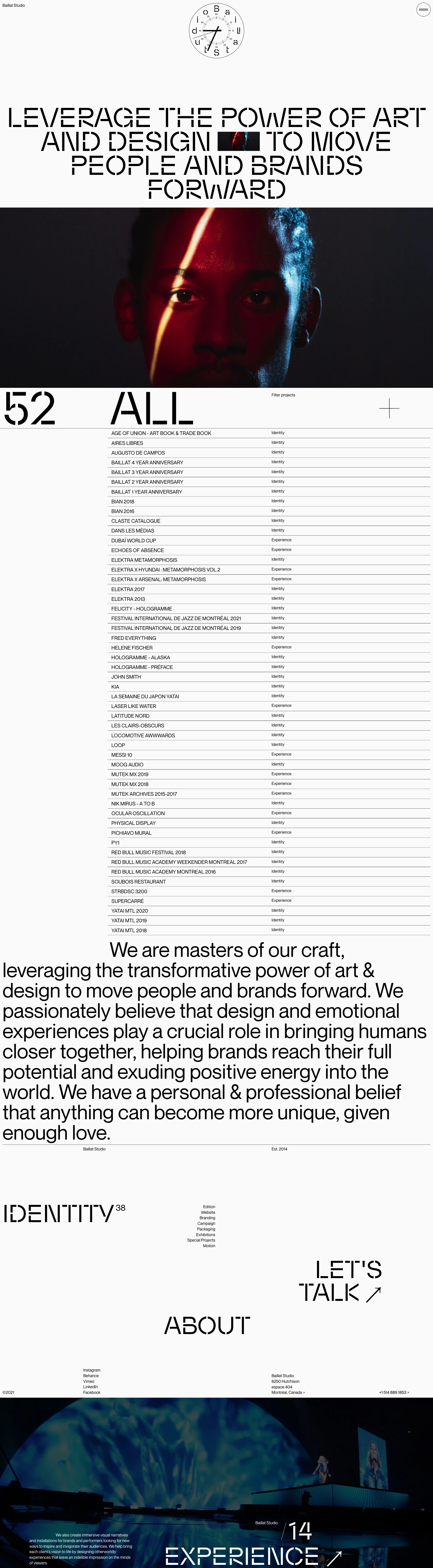 Baillat Studio Landing Page Example: Leverage the power of art and design to move people and brands forward. We passionately believe that design and emotional experiences play a crucial role in bringing humans closer together, helping brands reach their full potential and exuding positive energy into the world. We have a personal & professional belief that anything can become more unique, given enough love.