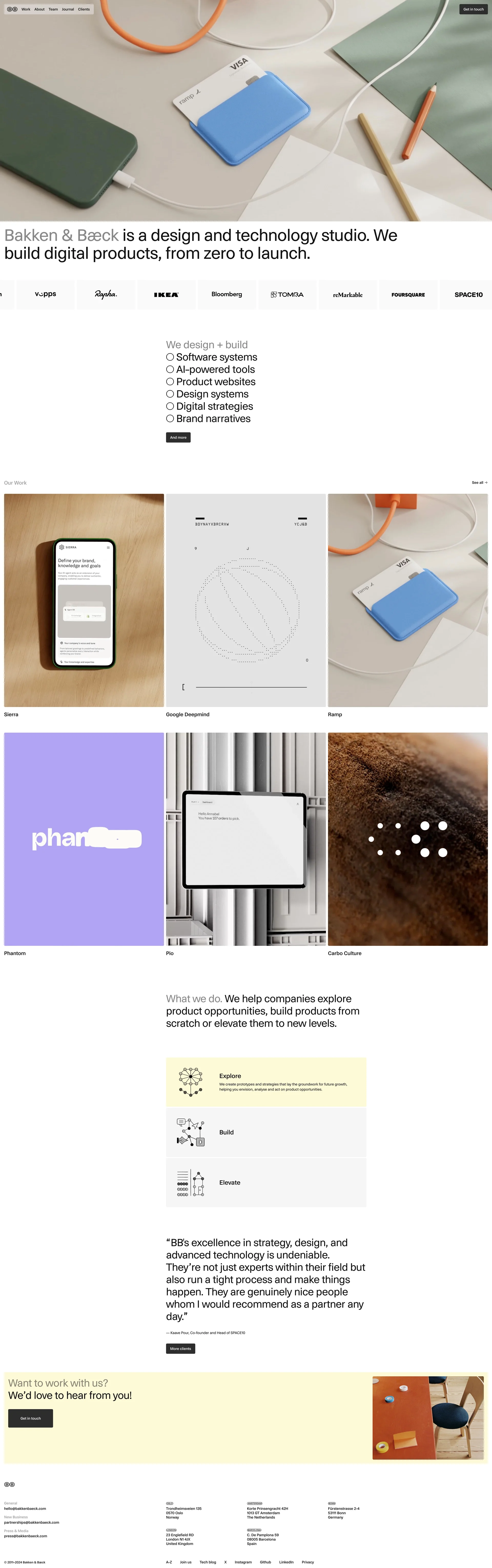Bakken & Bæck Landing Page Example: Since 2011, we have built products with some of the most ambitious companies out there. From defining future homes with IKEA to building decentralised platforms with Coinbase.