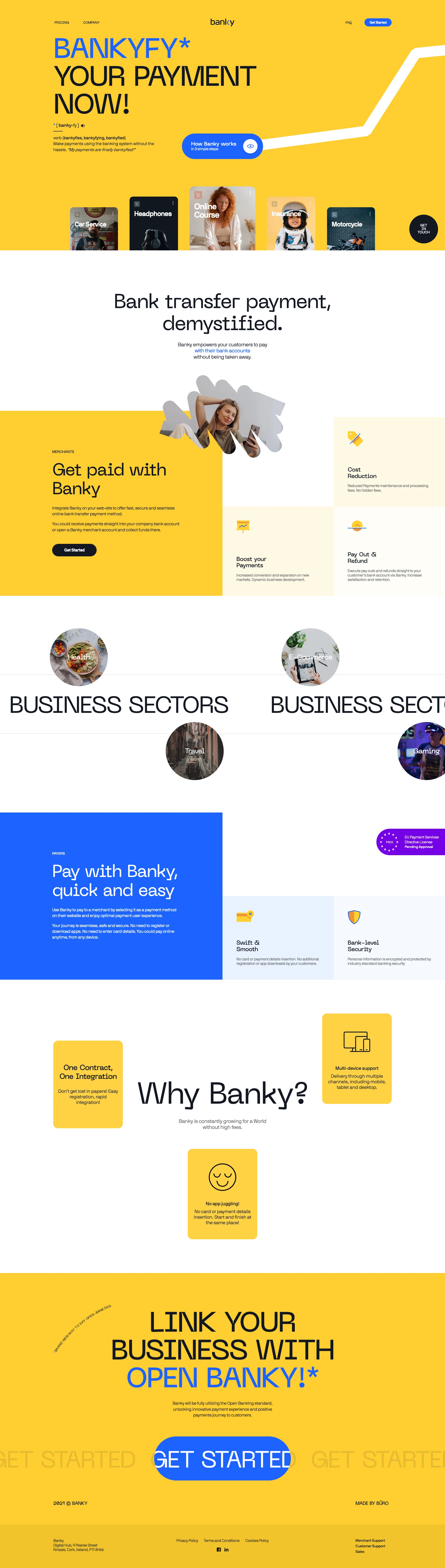 Banky Landing Page Example: Banky empowers your customers to pay with their bank accounts without being taken away.