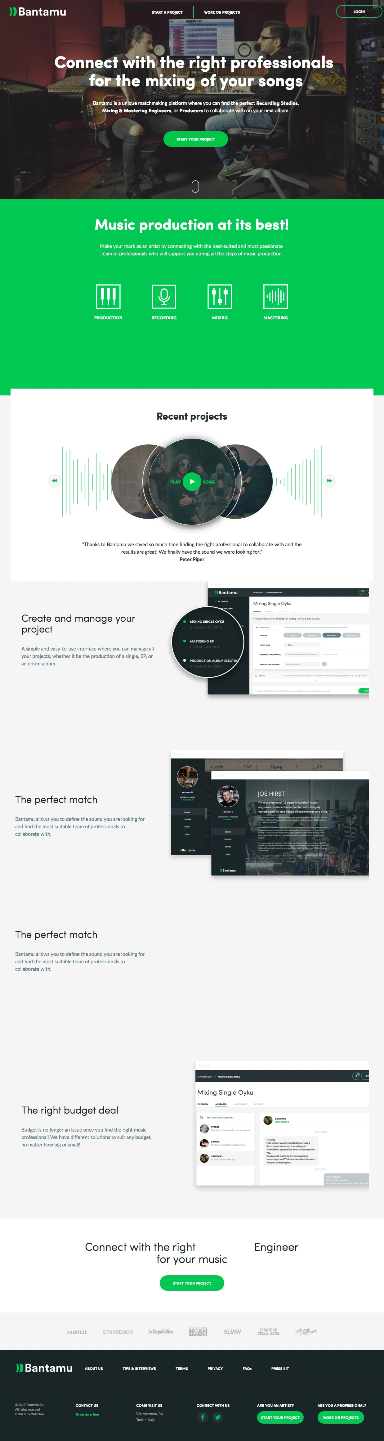 Bantamu Landing Page Example: Bantamu is a unique matchmaking platform where you can find the perfect Recording Studios, Mixing & Mastering Engineers, or Producers to collaborate with on your next album.