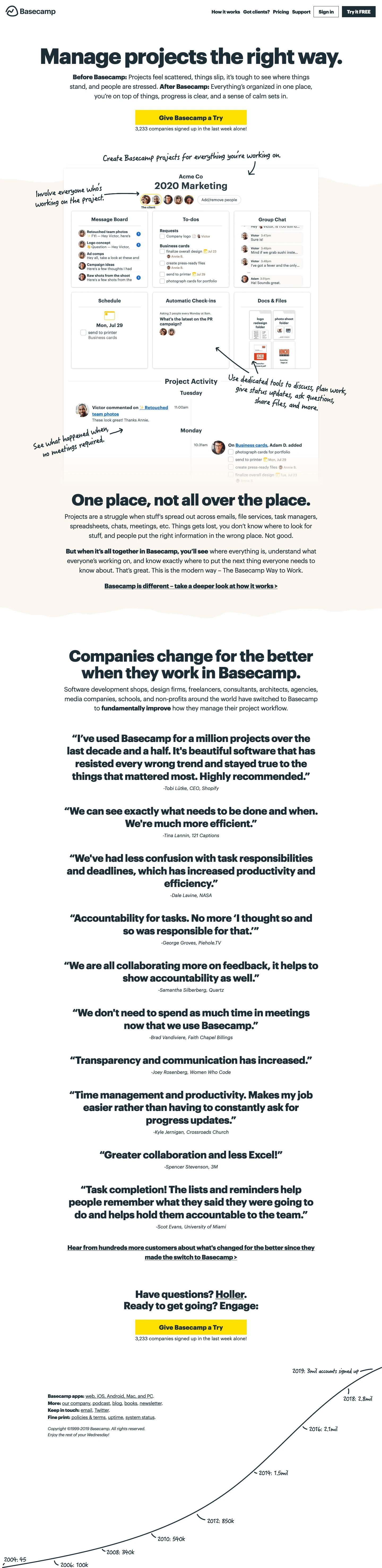 Basecamp Landing Page Example: Trusted by millions, Basecamp puts everything you need to get work done in one place. It’s the calm, organized way to manage projects, work with clients, and communicate company-wide.