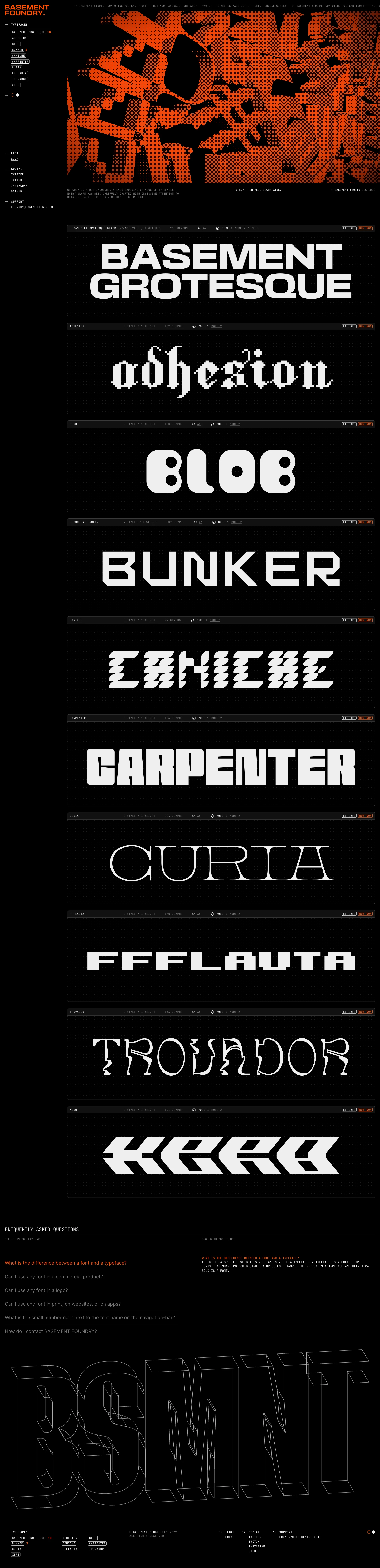 BASEMENT FOUNDRY Landing Page Example: Shop our catalog of distinguished & ever-evolving typefaces — every glyph has been carefully crafted with obsessive attention to detail, ready to use on your next big project.