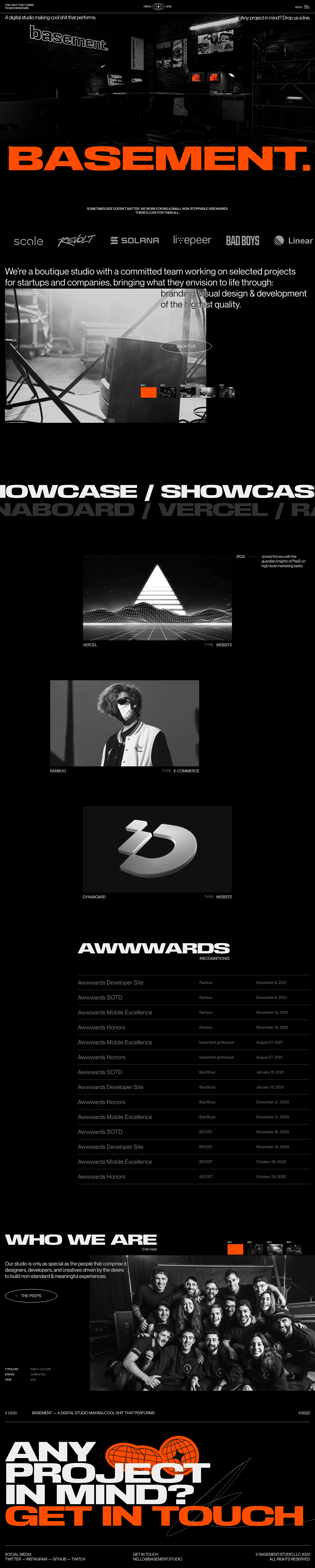 basement.studio Landing Page Example: basement is a boutique studio that brings what brands envision to life, through branding, visual design & development of the highest quality.