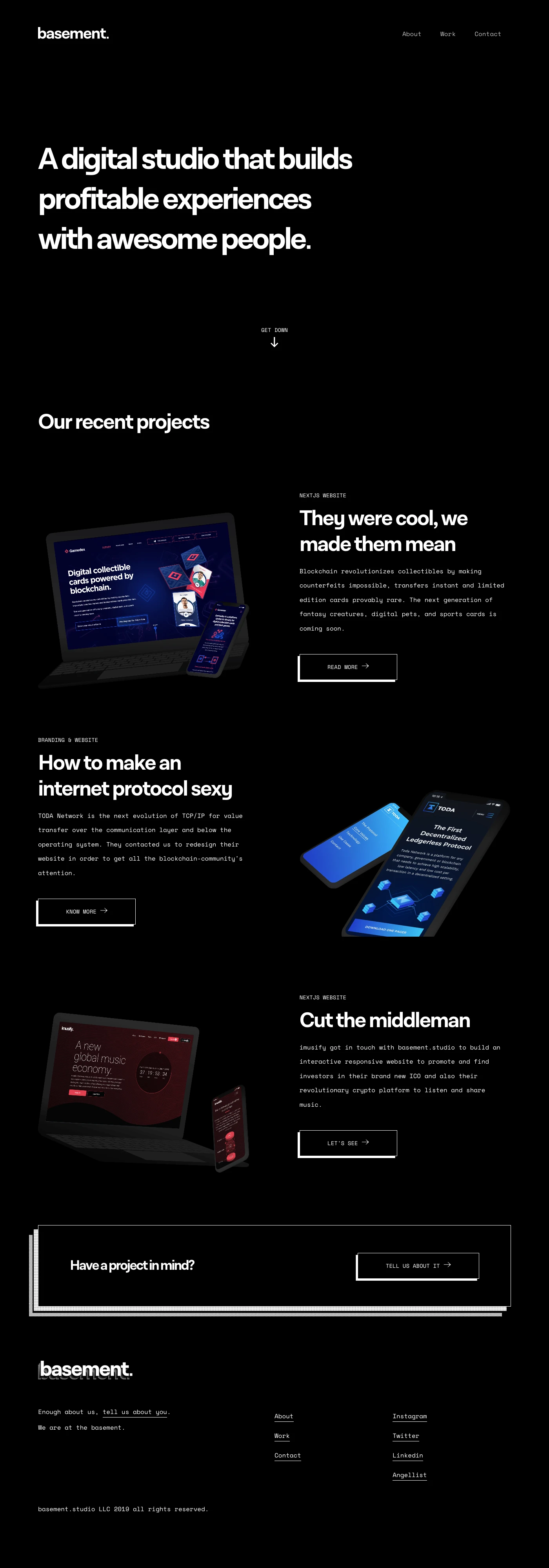 Basement Studio Landing Page Example: We're a brand creators, we're code hypebeasts, we inhale your story and exhale digital experiences.