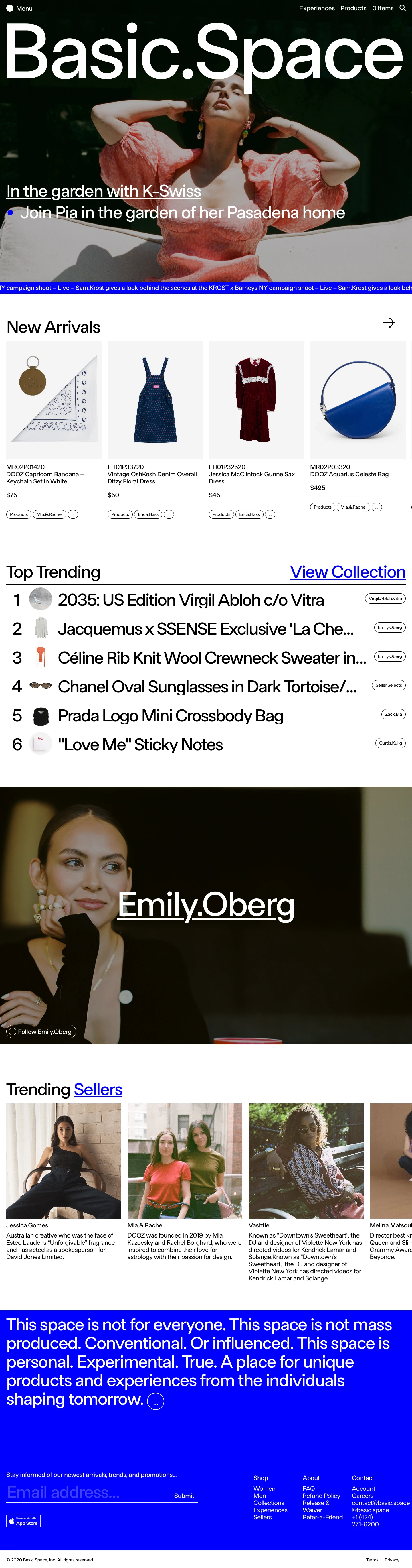 Basic.Space Landing Page Example: A new shopping experience delivering curated fashion, vintage apparel, streetwear, & more by social influencers, designers, and artists.